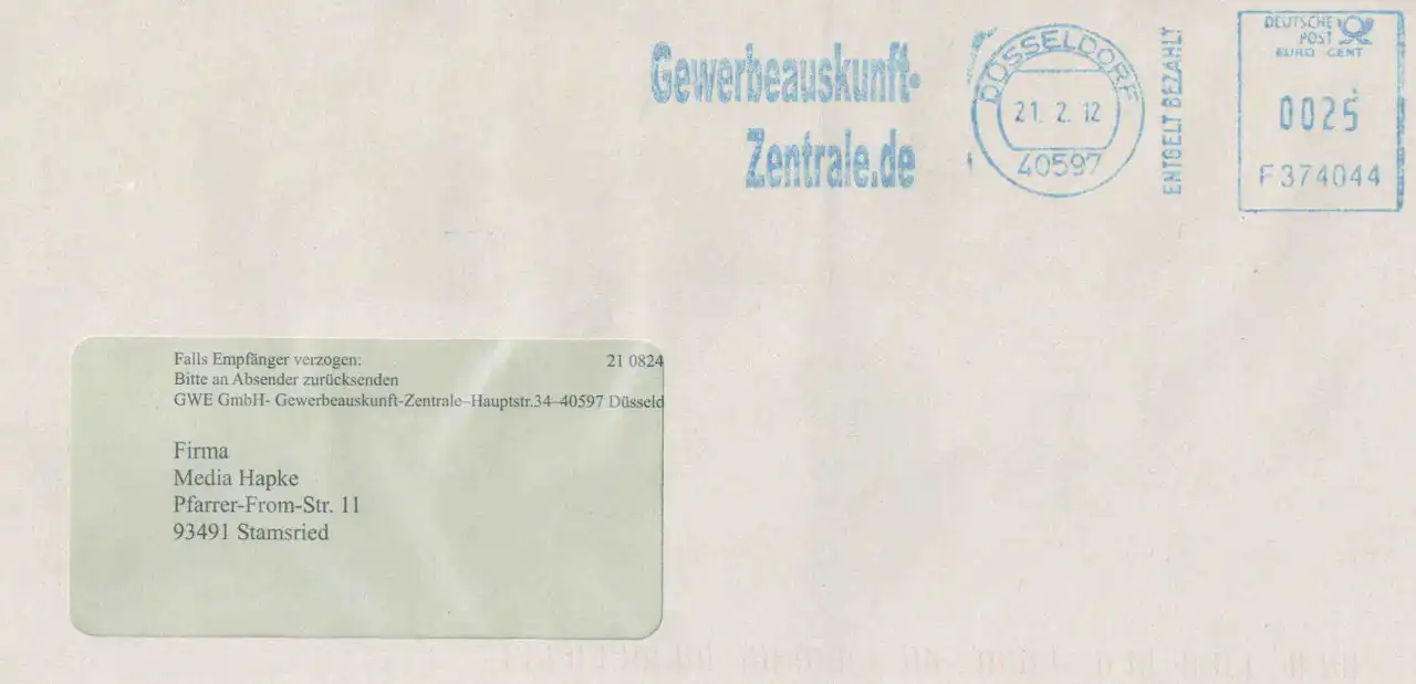 Briefumschlag Gewerbeauskunft-Zentrale