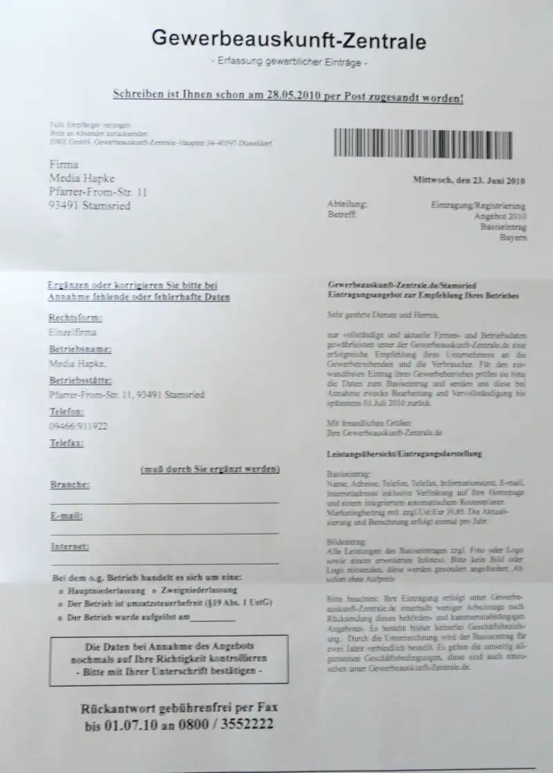 Gewerbeauskunftzentrale Brief