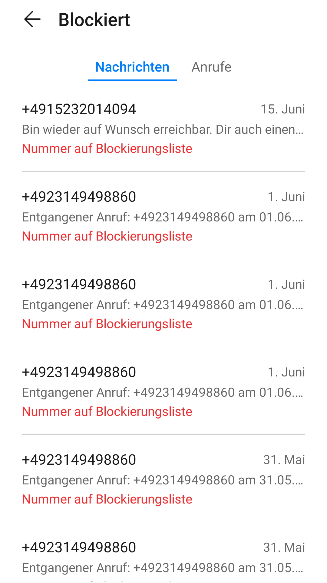 Screenshot blockierte Anrufe