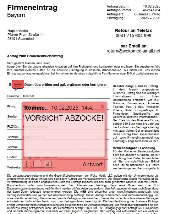 Screenshot vom Auftragsformular